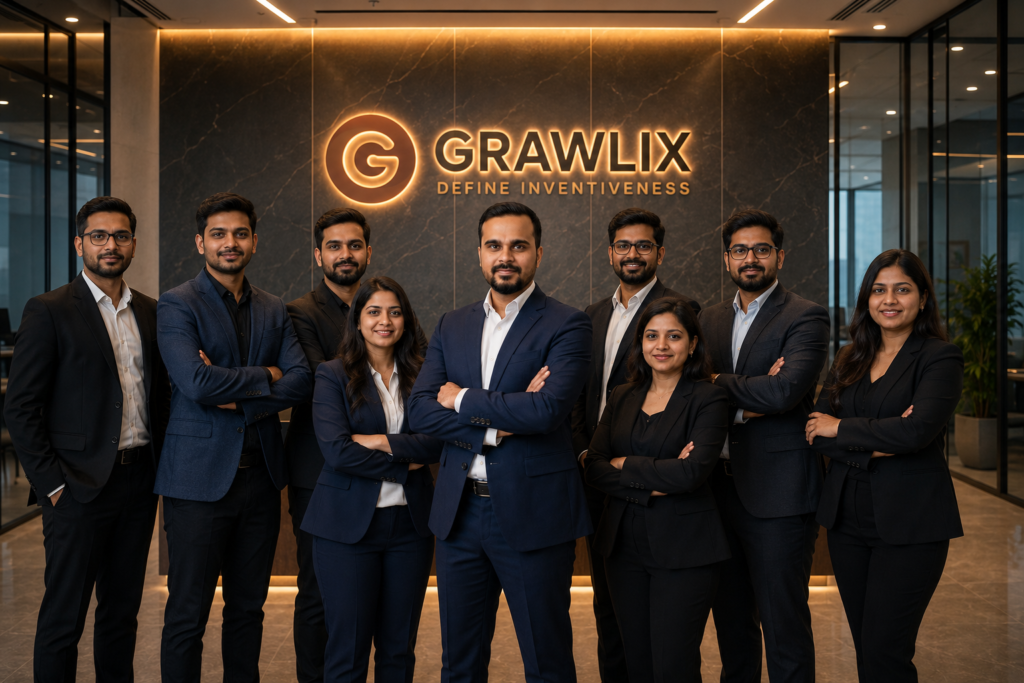 Grawlix leadership team posing in the company's modern corporate headquarters, showcasing a professional and collaborative work culture. The team stands confidently in front of the illuminated Grawlix logo inside a premium office reception featuring contemporary architecture, glass interiors, and luxury branding. The image represents Grawlix's expertise in AI solutions, custom software development, web development, digital transformation, and performance marketing, reflecting innovation, leadership, teamwork, and a commitment to delivering cutting-edge technology solutions for businesses worldwide.